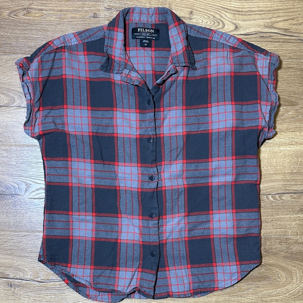 Filson 100% Cotton Orange & Gray Plaid Short Sleeve Shirt Size XS